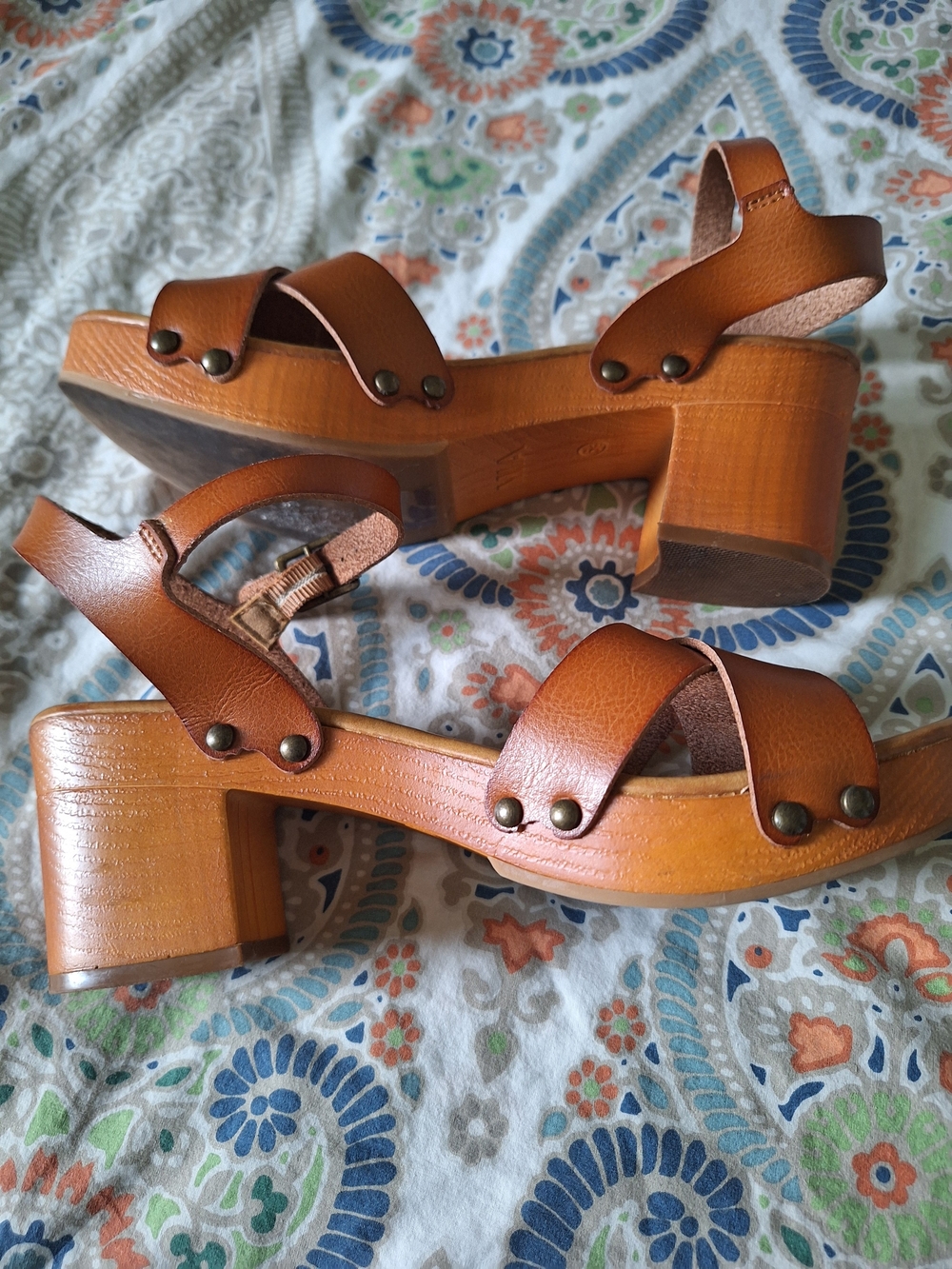 MIA Tan Brown Wood-Style Block Heel Platform Sandals 6.5
